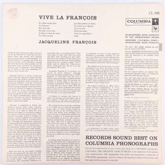 Vive La Francois! - Jacqueline François with Michel Legrand 12" Vinyl LP CL 966 - Picture 2 of 8